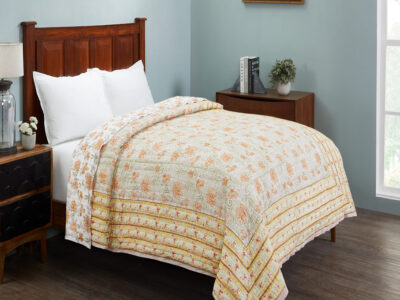 Buy Vintage Yellow & Brown Hand Block Printed Extra Cotton Quilt Online